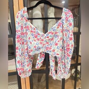 Zara linen cropped top tie open back floral bow puff sleeve balloon long ruched